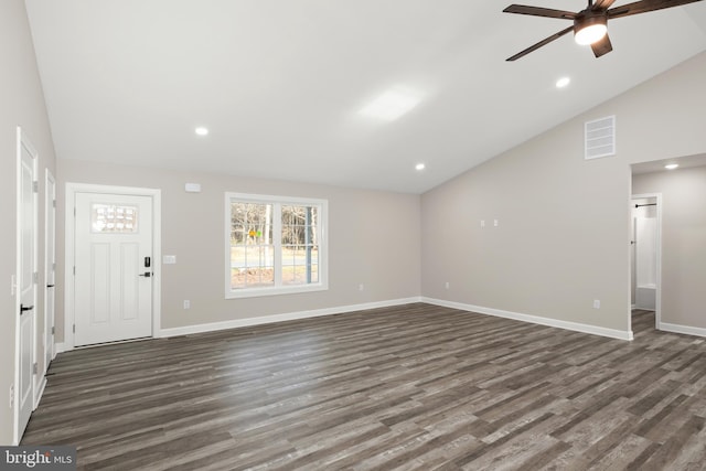 unfurnished living room with dark hardwood / wood-style floors, ceiling fan, and lofted ceiling