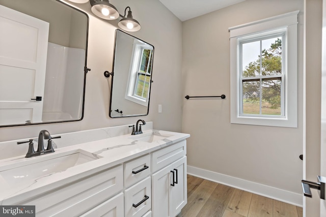 bathroom with hardwood / wood-style flooring and vanity