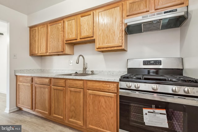 kitchen featuring sink, light hardwood / wood-style floors, and stainless steel gas range