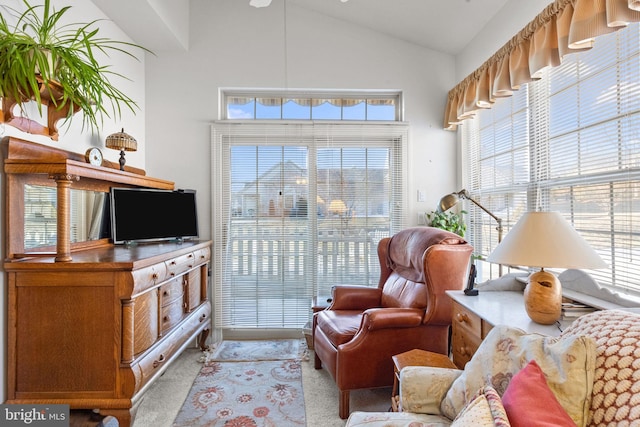 living area featuring lofted ceiling and light carpet