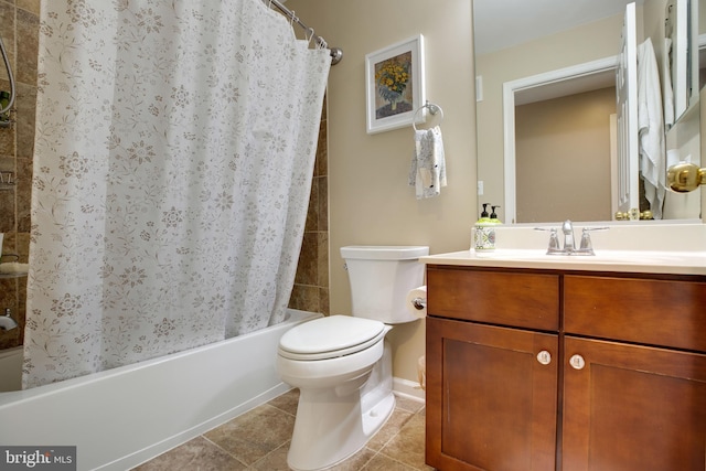 full bathroom featuring tile patterned floors, shower / tub combo with curtain, vanity, and toilet