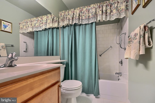 full bathroom with tile patterned flooring, vanity, toilet, and shower / bathtub combination with curtain