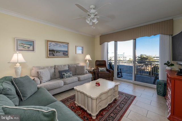 2 48th St Unit 214, Ocean City, MD 21842 - living room featuring light tile patterned flooring, ceiling fan, and ornamental molding