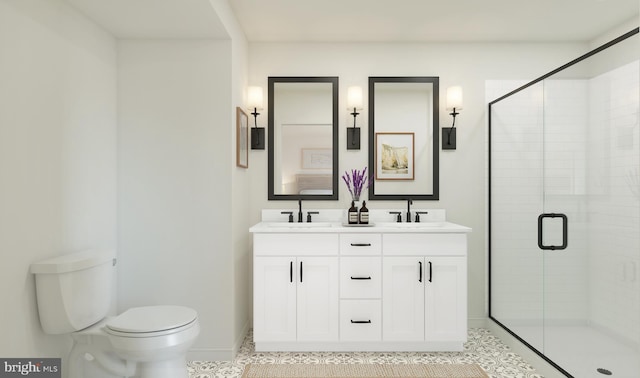 bathroom featuring tile patterned floors, toilet, vanity, and walk in shower