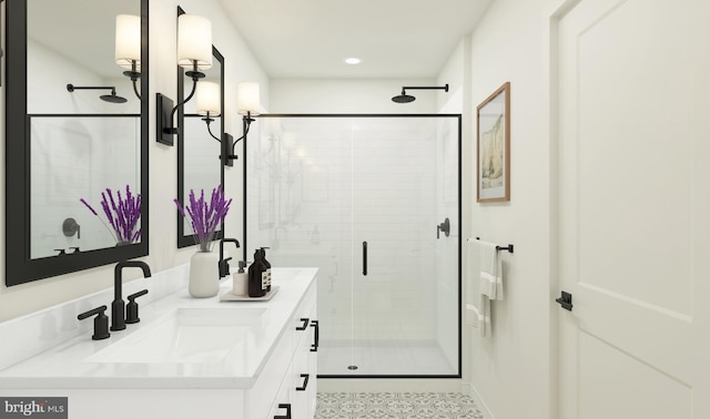 bathroom with vanity and a shower with shower door