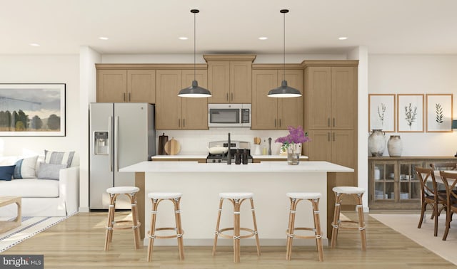 kitchen featuring backsplash, a center island with sink, hanging light fixtures, light hardwood / wood-style flooring, and stainless steel appliances