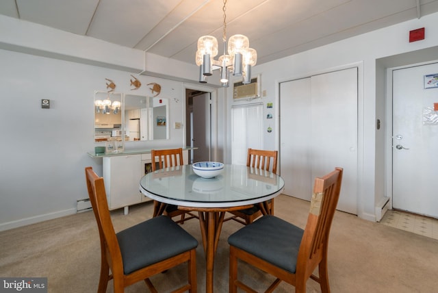 carpeted dining area with a baseboard radiator and an inviting chandelier