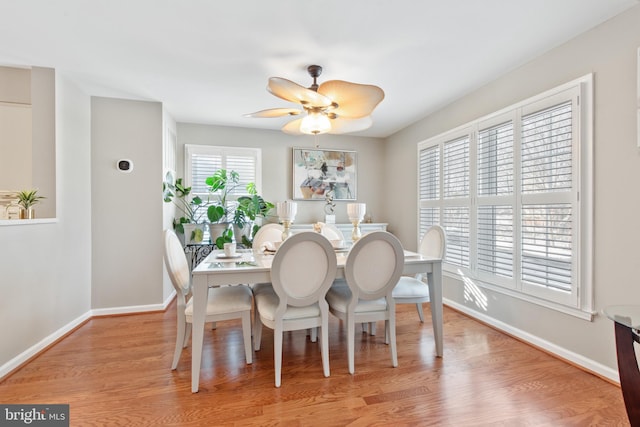 dining room featuring light wood-type flooring and ceiling fan