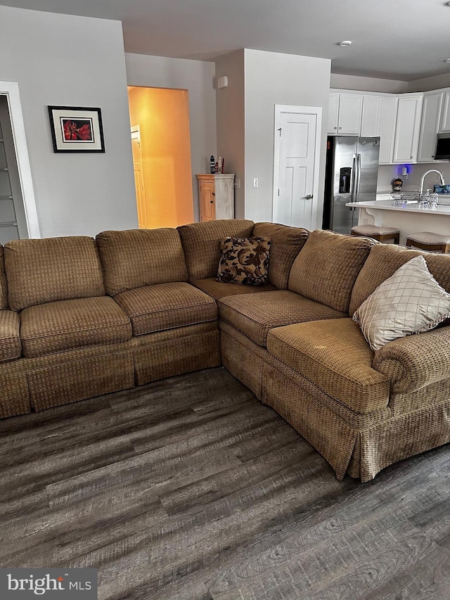 living room with dark hardwood / wood-style flooring and sink