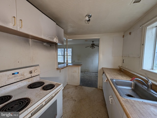 kitchen with white cabinetry, white range with electric cooktop, a wealth of natural light, and sink