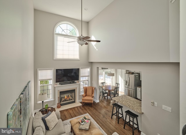 living room with ceiling fan, dark hardwood / wood-style floors, and a high ceiling