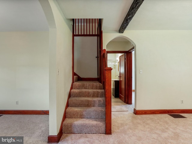 stairway featuring carpet flooring and beam ceiling