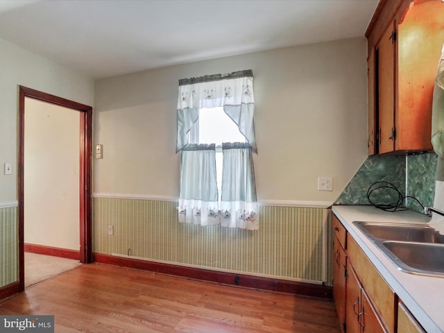 kitchen with wood walls, light hardwood / wood-style floors, and sink