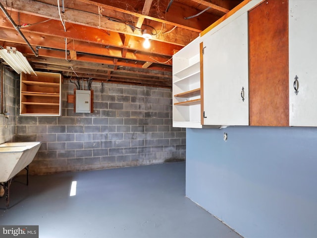 basement with electric panel and sink