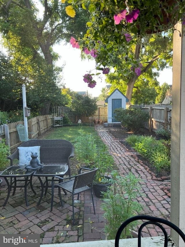 view of patio / terrace featuring a storage shed