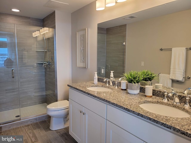 bathroom with vanity, toilet, and a shower with shower door