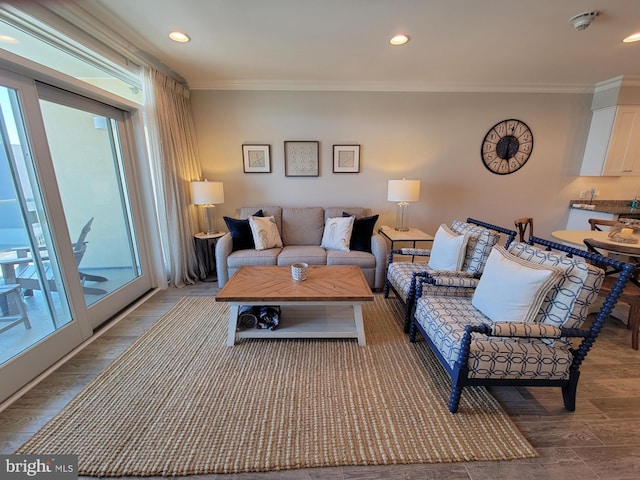 living room with a healthy amount of sunlight and crown molding