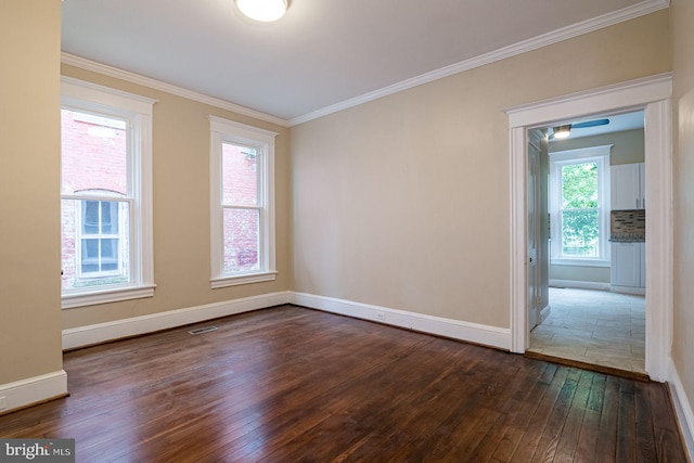 empty room with crown molding, dark hardwood / wood-style flooring, and plenty of natural light