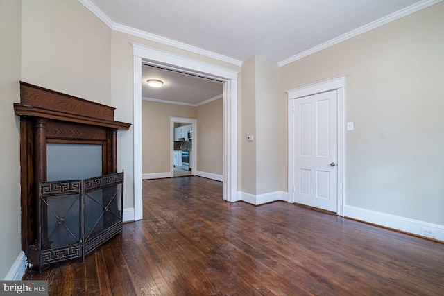 unfurnished living room with dark hardwood / wood-style flooring and ornamental molding