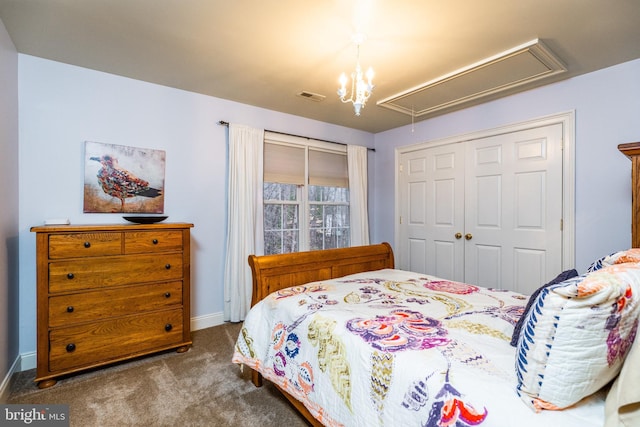 bedroom featuring dark colored carpet and a closet