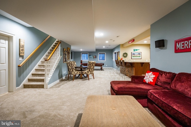 living room with light colored carpet