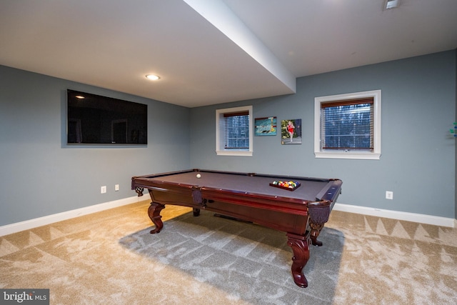 recreation room featuring carpet floors and billiards