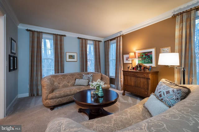 carpeted living room with ornamental molding