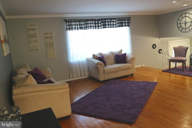 living room featuring hardwood / wood-style floors, crown molding, and a healthy amount of sunlight