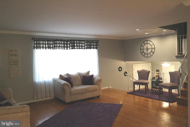 living room featuring dark hardwood / wood-style flooring, ornamental molding, and a wealth of natural light