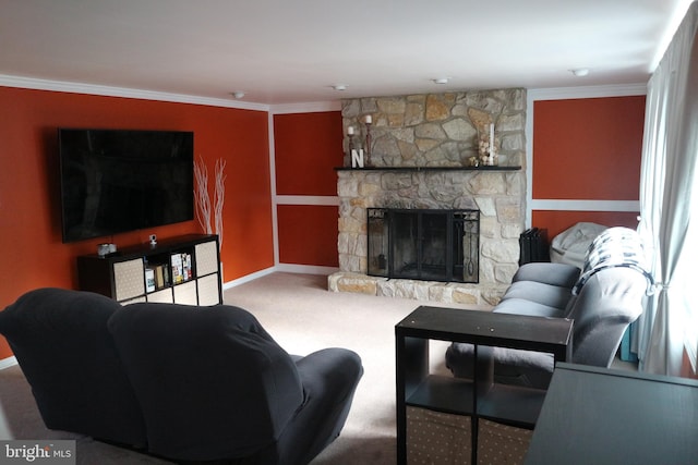 carpeted living room with a fireplace and crown molding