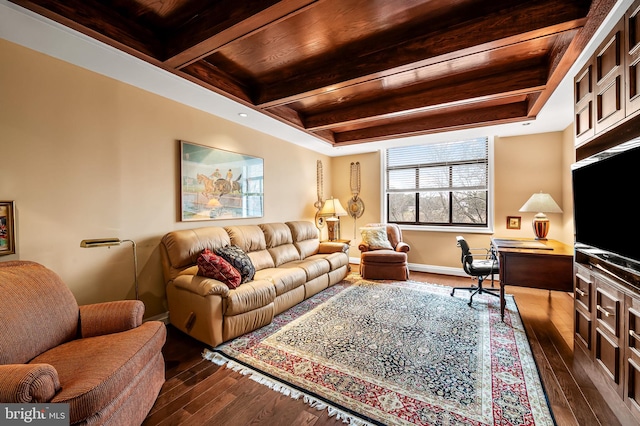 living room with wood ceiling, dark hardwood / wood-style floors, and beam ceiling