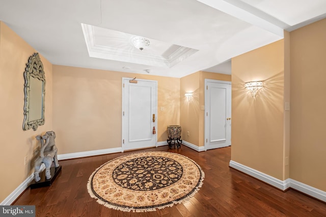 entrance foyer with a raised ceiling, crown molding, and dark hardwood / wood-style flooring