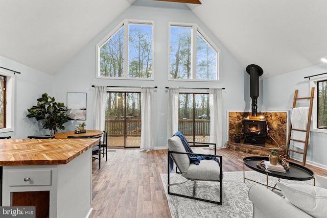 living room with light wood-type flooring, high vaulted ceiling, and a wood stove