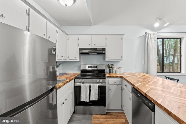 kitchen with white cabinetry, hardwood / wood-style floors, stainless steel appliances, and wooden counters