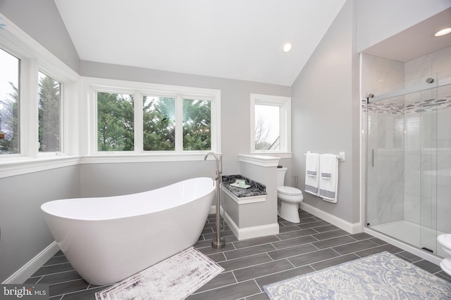 bathroom featuring toilet, radiator, lofted ceiling, and separate shower and tub