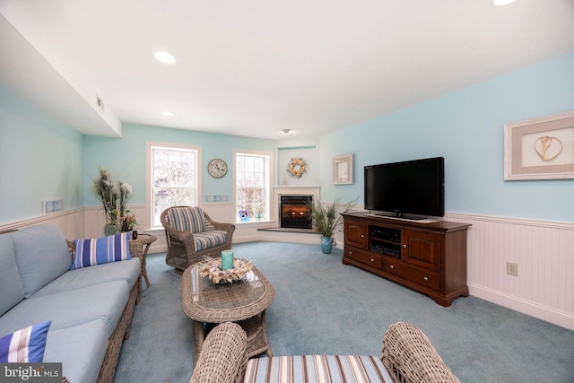 living room featuring light carpet