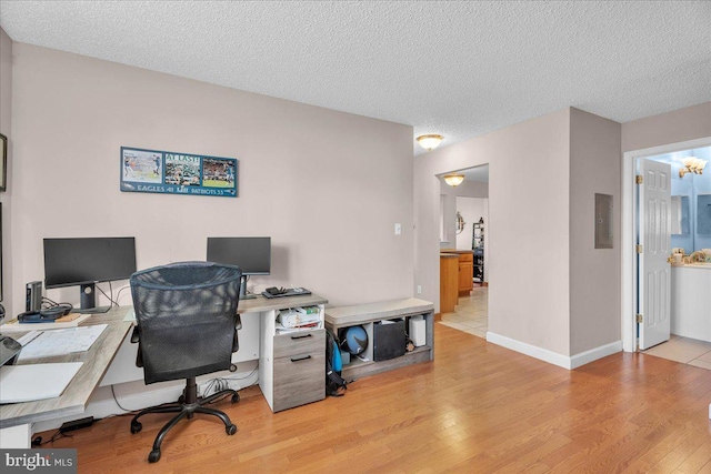 office area featuring electric panel, light hardwood / wood-style flooring, a textured ceiling, and a notable chandelier