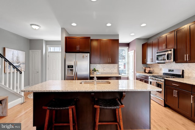 kitchen with stainless steel appliances, sink, light hardwood / wood-style flooring, an island with sink, and backsplash