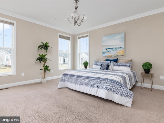 carpeted bedroom featuring visible vents, an inviting chandelier, crown molding, and baseboards