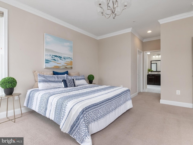 bedroom featuring baseboards, recessed lighting, light carpet, crown molding, and a notable chandelier