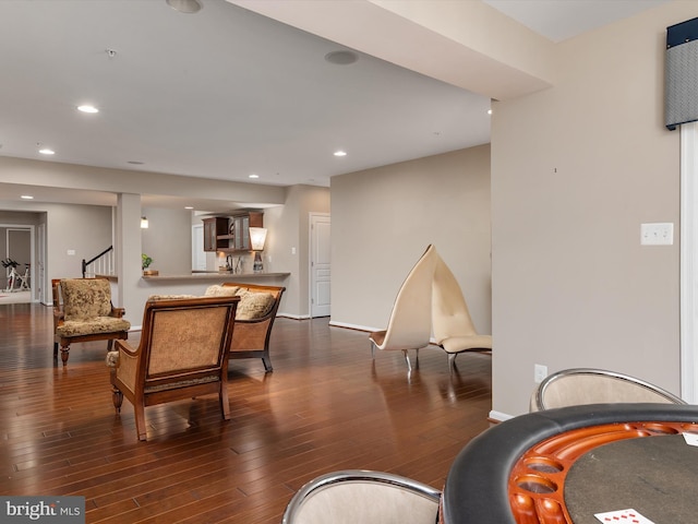 interior space with recessed lighting, stairway, baseboards, and dark wood-type flooring