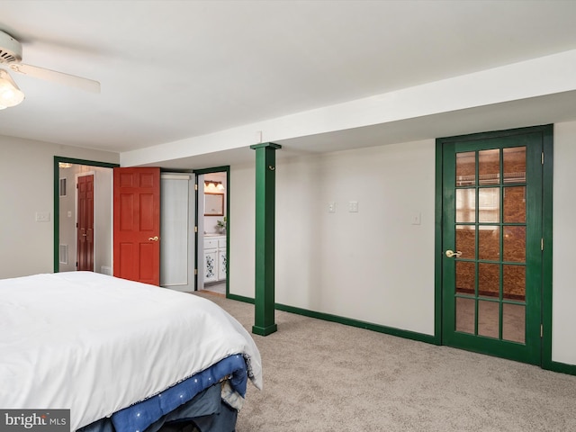 bedroom featuring light carpet and ceiling fan