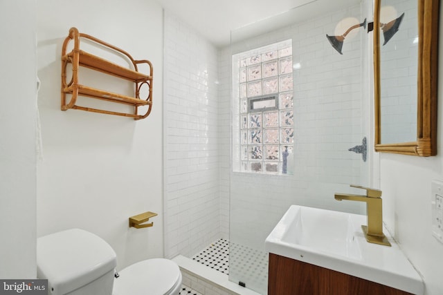 full bathroom featuring toilet, a shower stall, and vanity