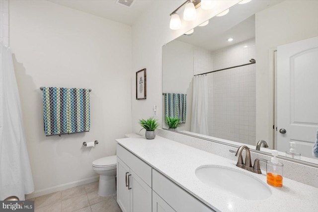 bathroom with tile patterned flooring, vanity, toilet, and curtained shower