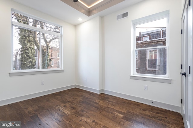 spare room with dark hardwood / wood-style floors and a raised ceiling