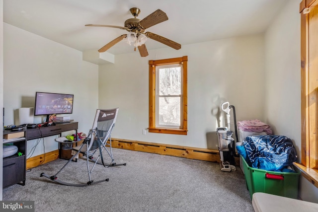 office space featuring ceiling fan and carpet floors