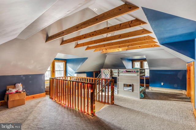 bonus room with carpet, lofted ceiling, and a baseboard heating unit