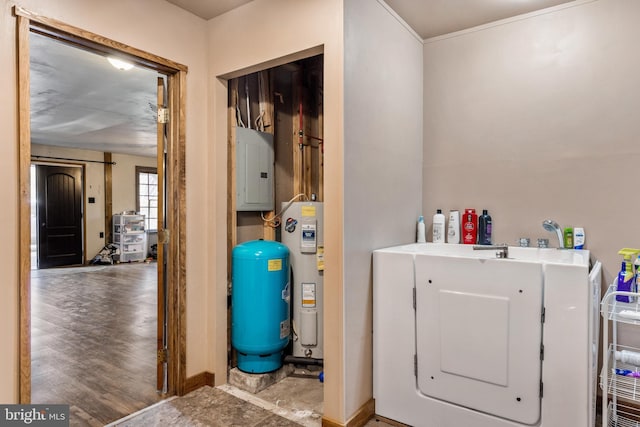 laundry area featuring electric water heater, electric panel, and hardwood / wood-style flooring