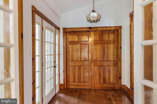 doorway to outside featuring vaulted ceiling and dark wood-type flooring