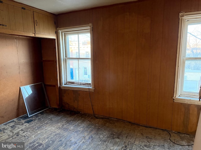 spare room featuring wooden walls and dark wood-type flooring